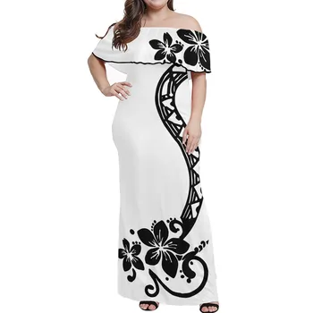 Customized Casual Women Polynesian long Dresses white dress background with black tribal prints ruffle half shoulder maxi dress
