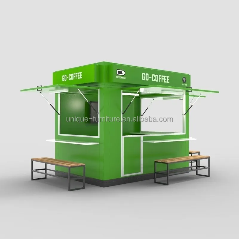 Retail Booth Outdoor Kiosk Design Attractive Green Street Food Store Furniture with Seating Chairs Coffee Display Stand for Sale
