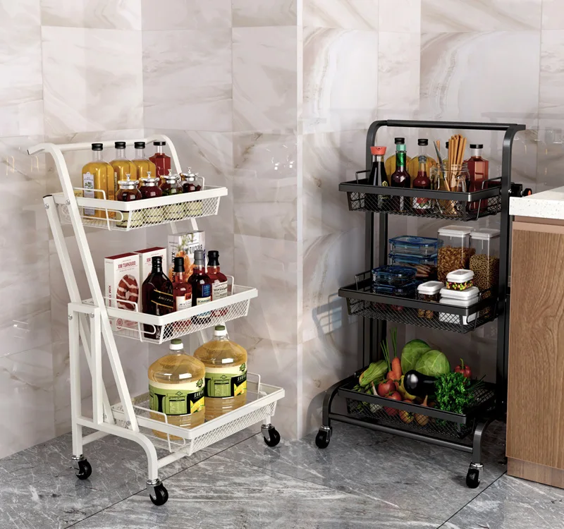 Foldable Mobile Rotating Trolley for Kitchen Food Storage Racks