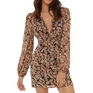 Custom High Quality  Summer Causal Dress  Fall V Neck Elegant Floral Print Vintage Mini  Casual Long Sleeve Women Dresses