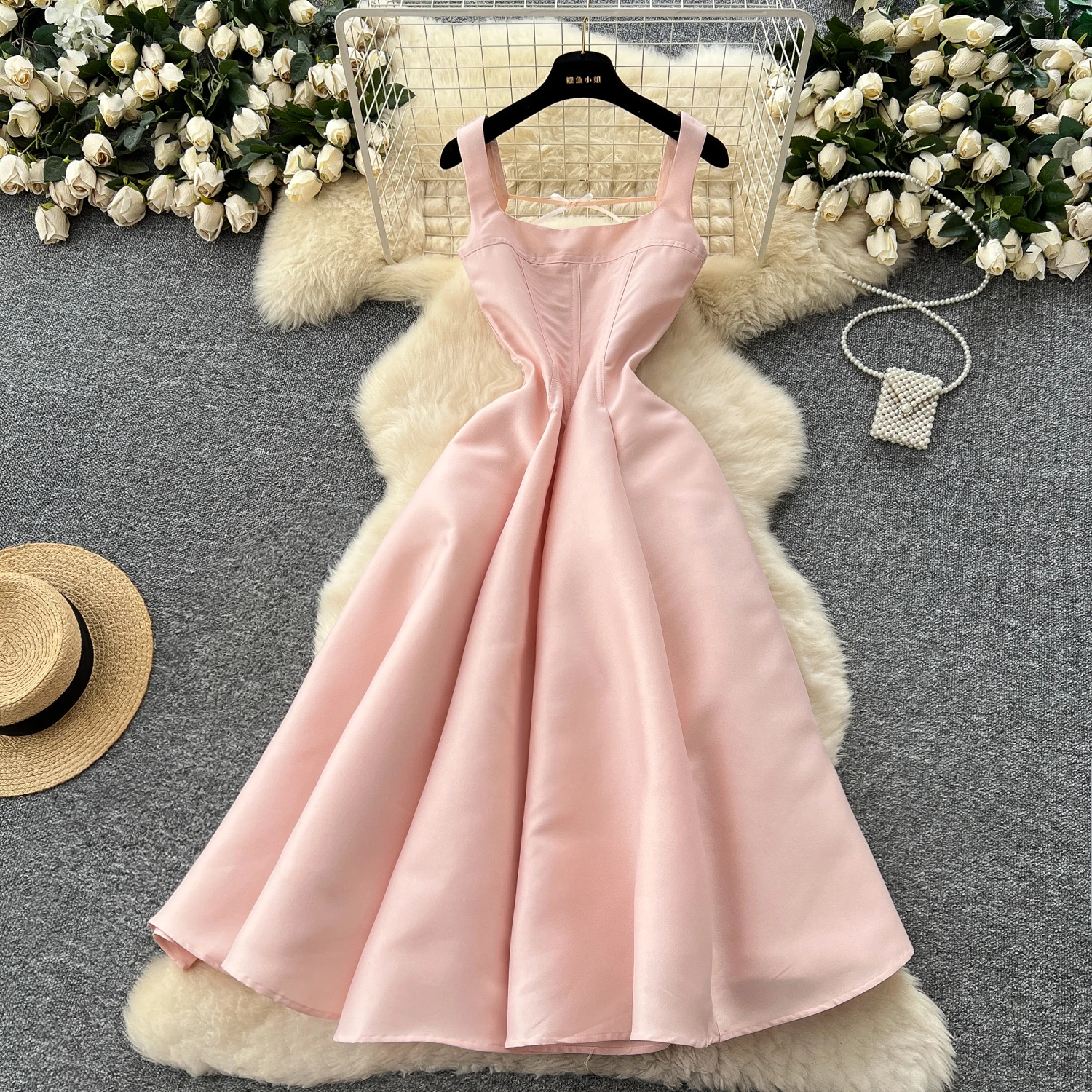 Elegant Audrey Hepburn Style Dress French Square Neck Bustier Ball Gown  with Bow Waist Summer Luxe A-Line Long Dress for Women, image size:1500x1500