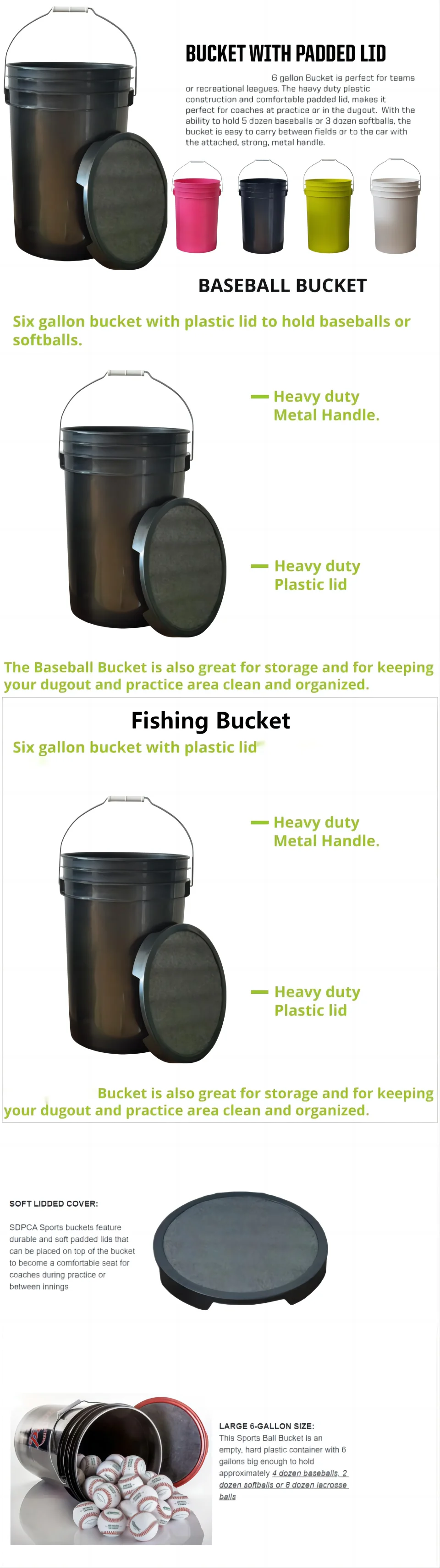 Baseball Bucket 6 Gallon Ball Pail & Soft Cushioned Padding Lid & Grip