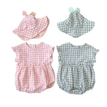 2025 Summer New Fashion Baby Girl Jumpsuits Plaid Infant Clothes Toddler Baby Rompers Breathable With Hat