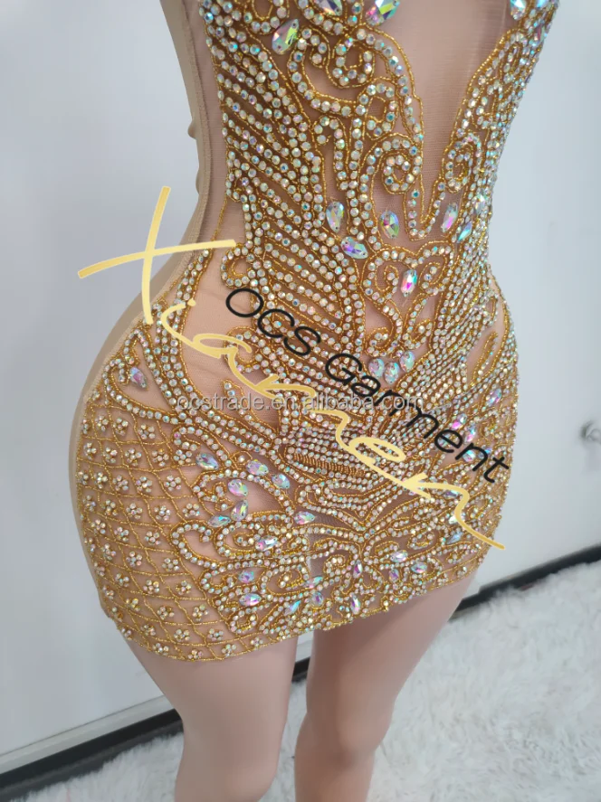 Ocstrade Custom Gold AB Halter Backless Mini Short Dress