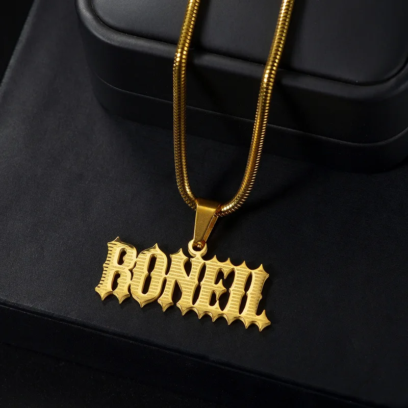 Stainless Steel Gold Plate Custom Name Plate Necklace Personalised for Women Men Thick Popcorn Chain