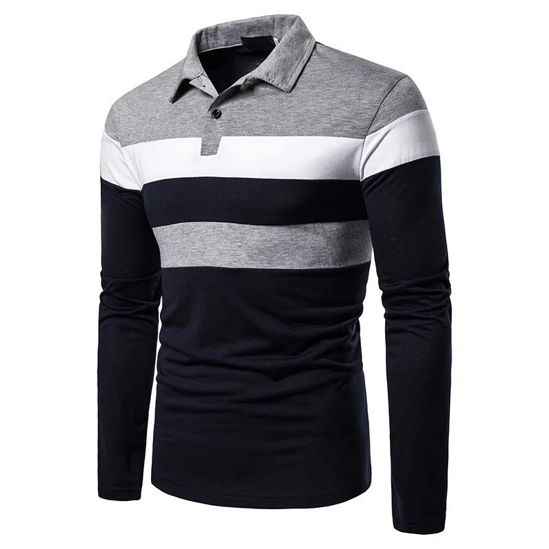 RNSHANGER Fashion Men Long Sleeve Polo Shirt Splicing Tee