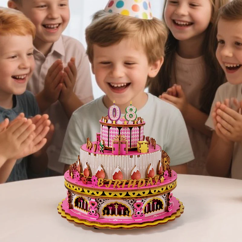 Interaktives 3D-Puzzle für Kinder, Puzzlespiel mit Bausteinen, pädagogisches DIY-Geburtstagskuchen-Musikdöschen, Holz-Musikdöschen mit Handkurbel, Geschenke