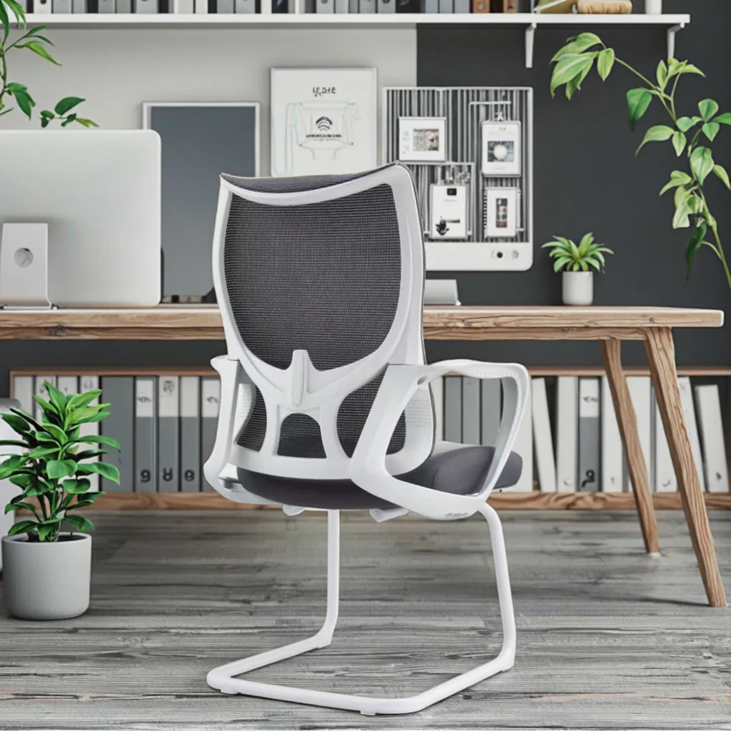 White Arched Base Modern PU Ergonomic Lift Chair Adjustable Height Fixed Fiberglass Armrest Solid Steel Structure 5