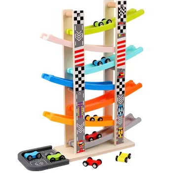 Top Selling Factory Wooden 7 Levels Slide Racing Tracking Cars Toy Montessori Educational Parking Lot Gifts Toys For Kids