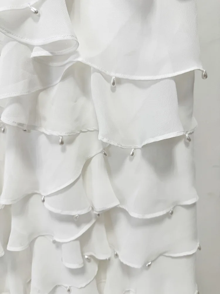 Elegant White Beaded Pearl Chain Strap Tiered Chiffon Maxi Dress Ruffled Evening Party Dresses With High Slit