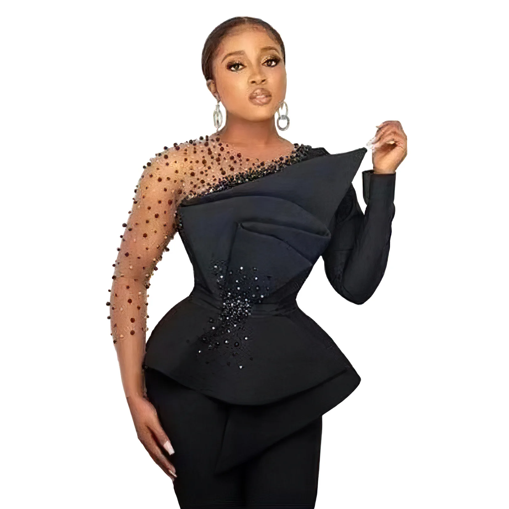 Fashion Elegant Plus Size Solid Color Mesh Stitching Bead Outfits for Women Wide Leg Pants Formal Suit Two Piece Women