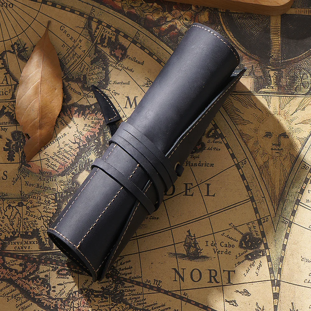 Innovative Top Layer Leather Roll Type Binding Straps Recycled Pouch Pocket Bag Fountain Pen Organizer for Pencils Stationery