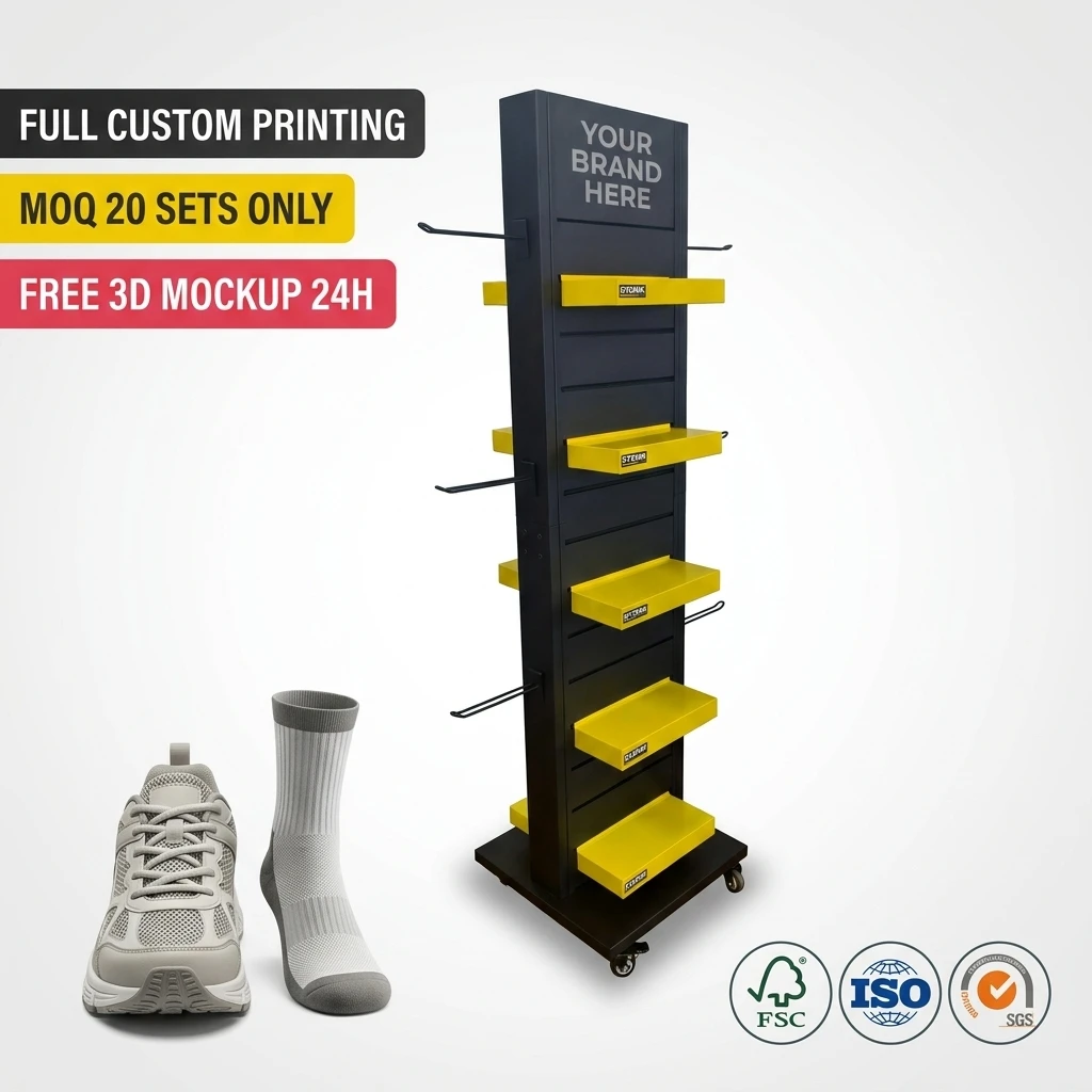 Wholesale Custom Metal Shoes Display Rack Floor Standing Workwear Boots Socks Sneaker Tower Stand  Hooks Slatwall Retail Fixture