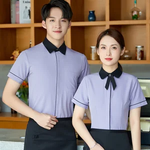 Wholesale Hotel Restaurant Server Catering Kitchen Pub Bar Staff Working Uniform Button Down Waiter Waitress Short Sleeve Shirt