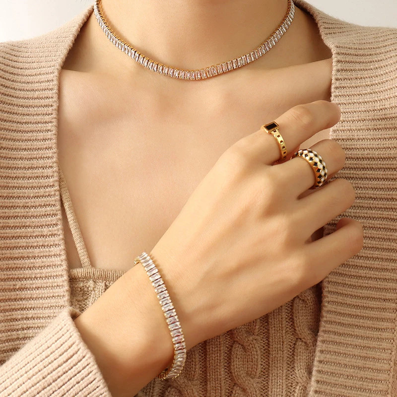 Luxury 18k Gold Plated Stainless Steel Iced Out Baguette Diamond Cubic Zirconia Tennis Chain Necklace Women Jewelry