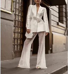 Birthday Evening Party Women'pants Sets Fashion Streetwear 3d-flower Sexy Backless Long Sleeves Blazer and Pearls Trousers Suit