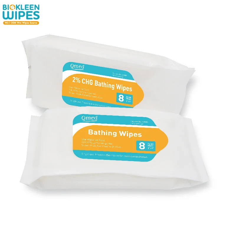 Biokleen Custom Free Sample 8pk Disposable Ultra-soft 2% Chlorhexidine Gluconate CHG Cloths Bathing Wipes