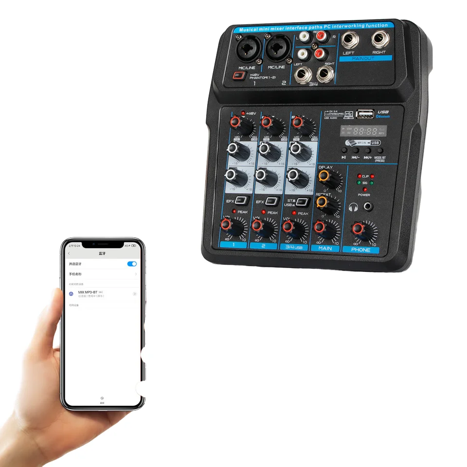 U4 BT Sound Mixing Console Record 48V Phantom Power Monitor AUX Paths Plus Effects 4 Channels Audio Mixer with USB