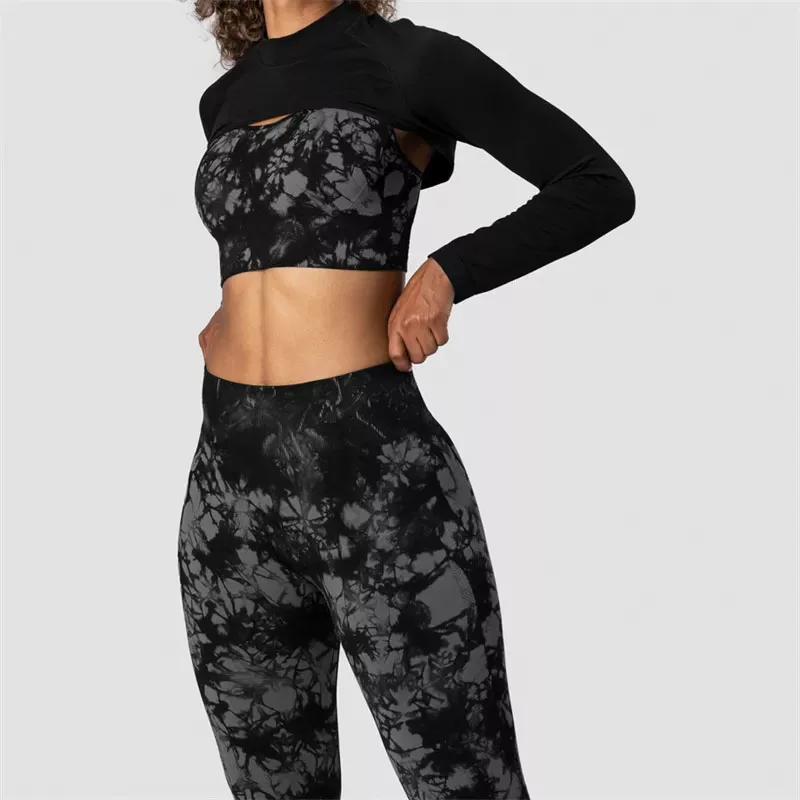 Tie Dye Women Workout 3 Piece Running Wear Jogger Fitness Sets Ribbed Seamless Leggings Gym Sportswear Bra Pants Yoga Set