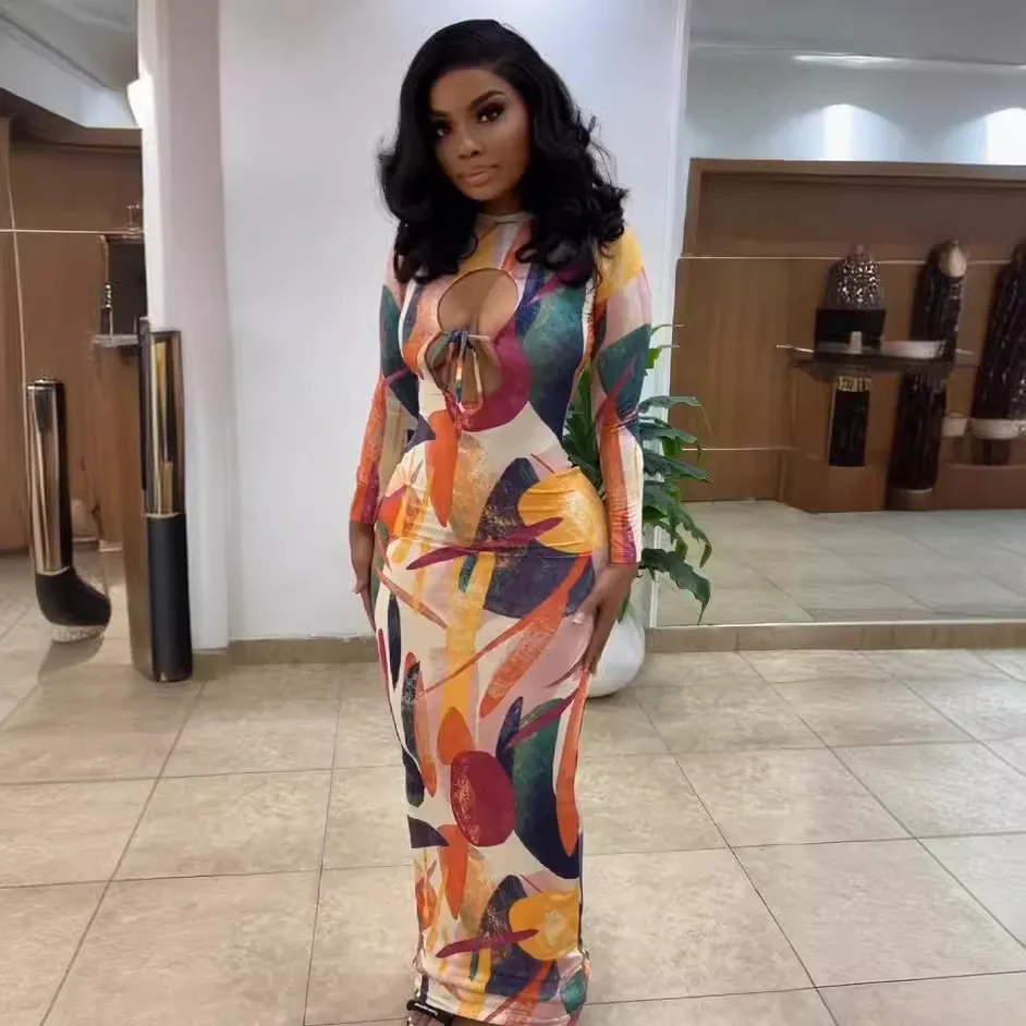 Vintage-kledd med keiserliv i sommerstil, europeisk og amerikansk utforming, trykt, gjennomskåret, stram, elastisk, langärmet kjole