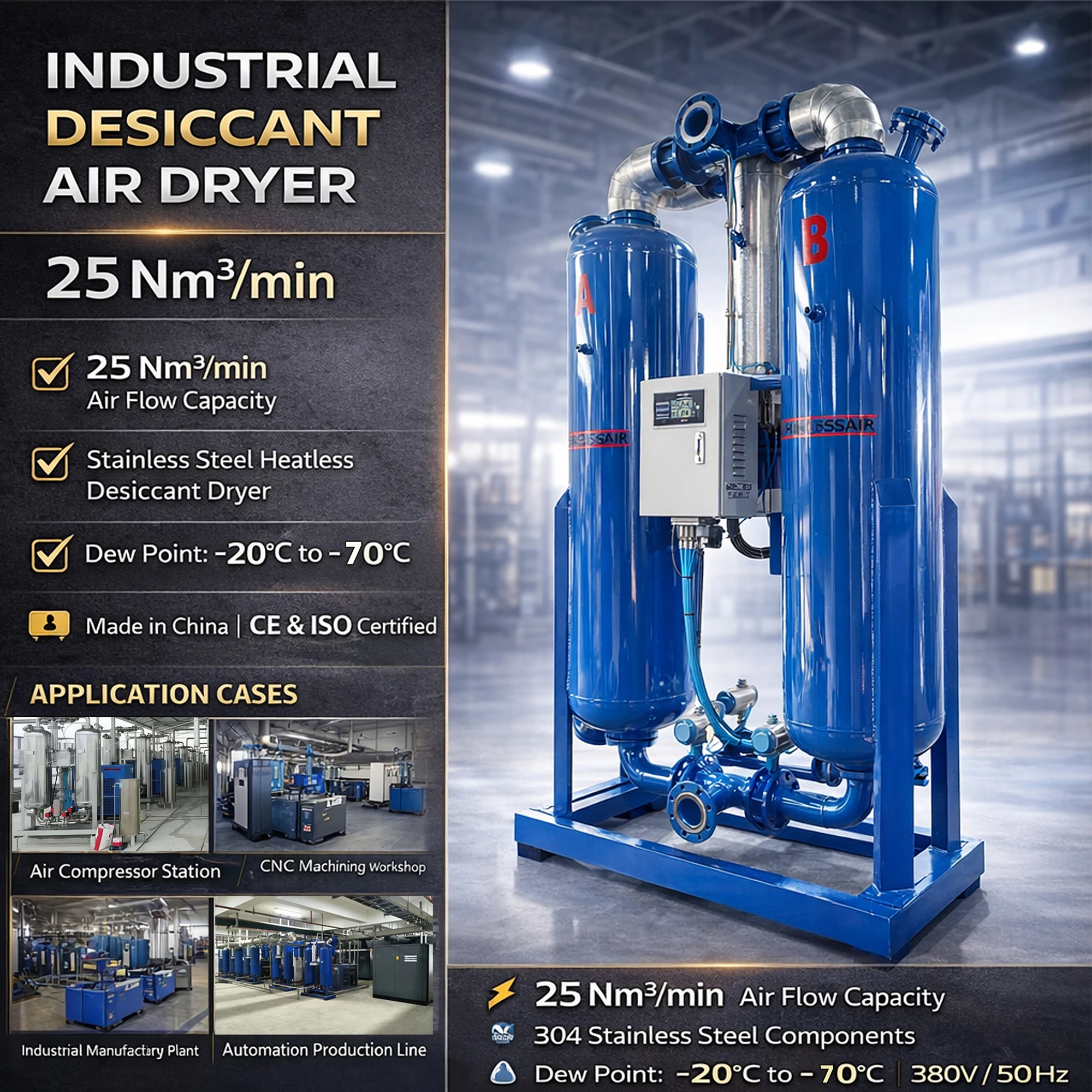 Micro Heat Adsorption Air Dryer Stainless Steel Desiccant Compressed air Dryer Secador De Aire Comprimido Desecante