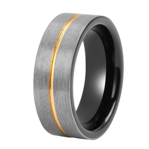 8mm Custom 18K Yellow Gold Stripe Black Brushed Men's Wedding Ring Accessories for Weddings