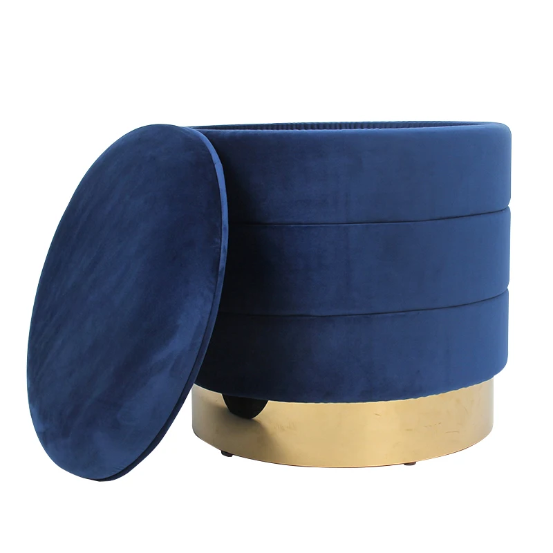Modern Home Furniture Chair Stool Round Ottoman Pouf with Gold Metal Stainless Steel Base