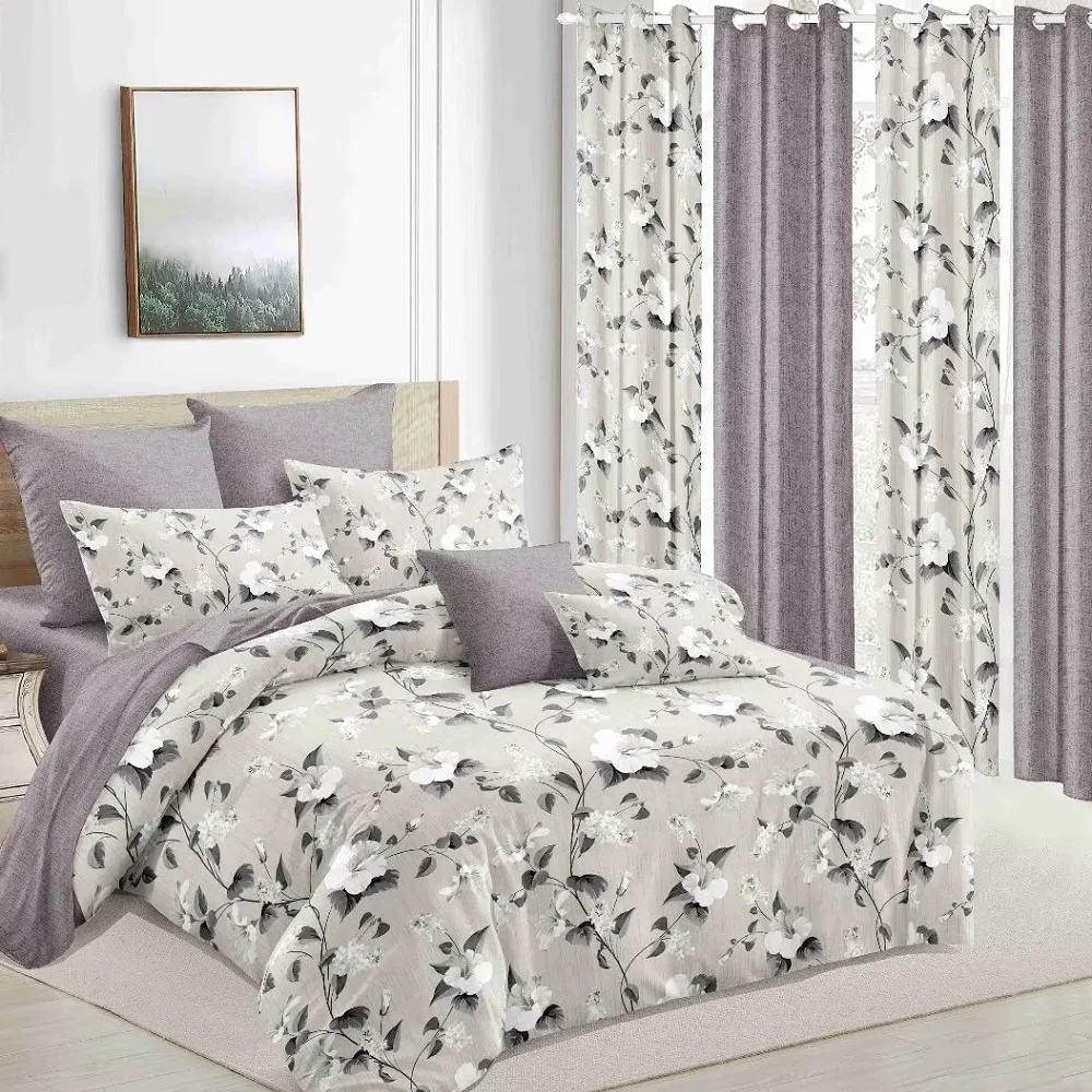 Wholesale Cheap Price 3d Digital Printed Bedroom Curtains Bed Sheets Bedding Set With Curtain