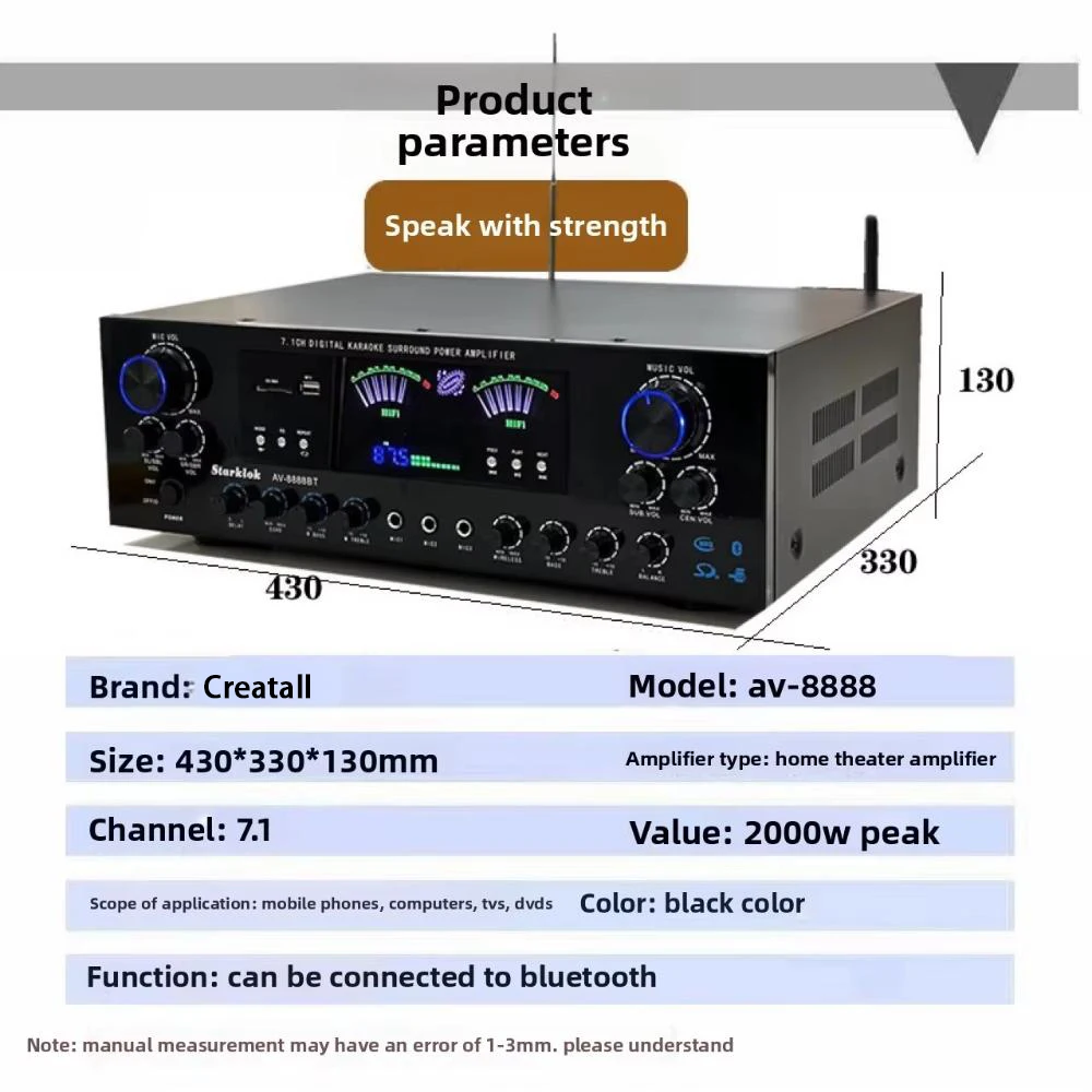AV-8888BT Professional 7.1 Channel 2000W Ultra-High Power Home Theater Amplifier BT Wireless Home KTV Surround Sound System