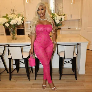 K24Q42982 Ladies Jumpsuits Lace Sleeveless See Through Bodycon Jumpsuit Party Wear Mesh Jumpsuits Women