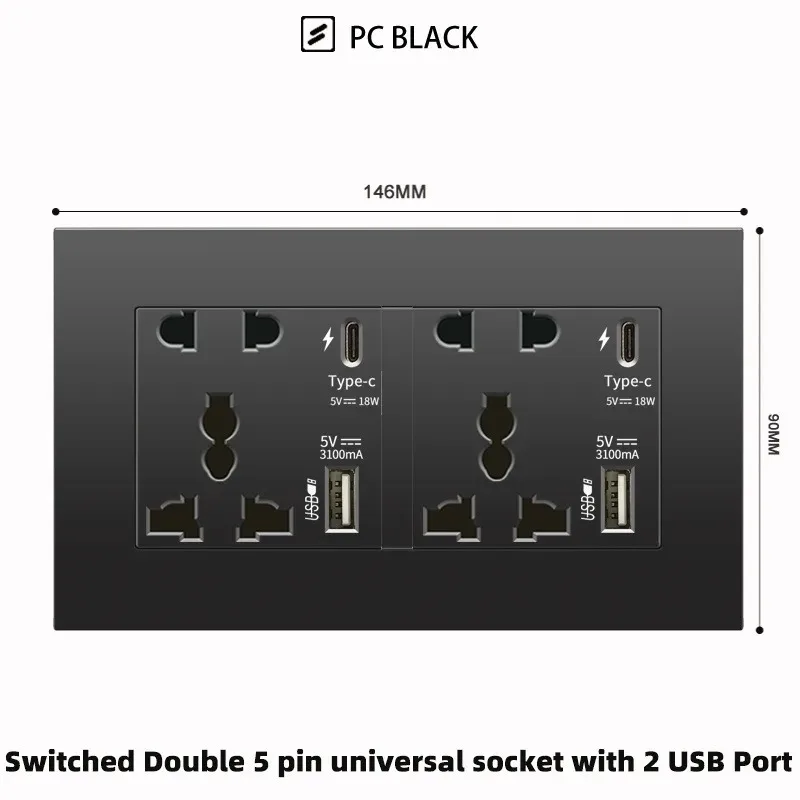 Enchufe De Pared Conmutado 13A (1 Gang) Con USB – Placa Frontal Blanca Y Caja Trasera – Toma Única