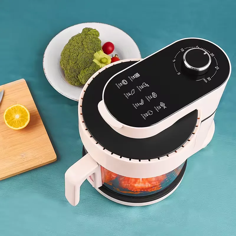 Jewin Modern Electric 1400W Full Transparent Glass View Air Fryer 3.1-4.0L Mechanical LCD Display Knob Control Oil-Free Hotel
