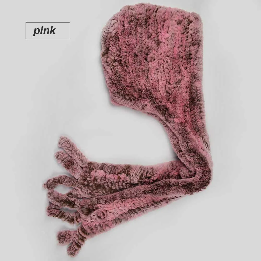 knit rex fur hood scarf pink