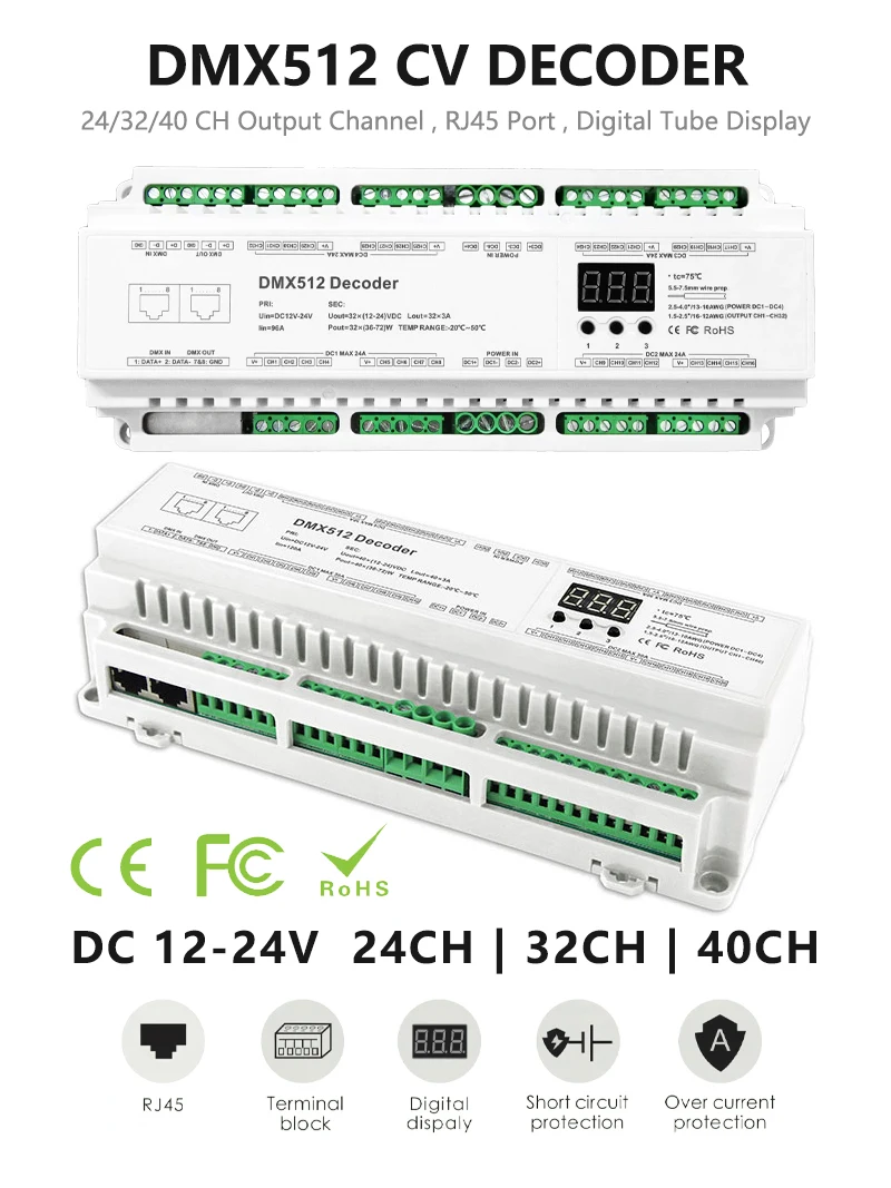 DMX512 to Constant Voltage PWM LED Decoder - 24CH, 32CH, 40CH