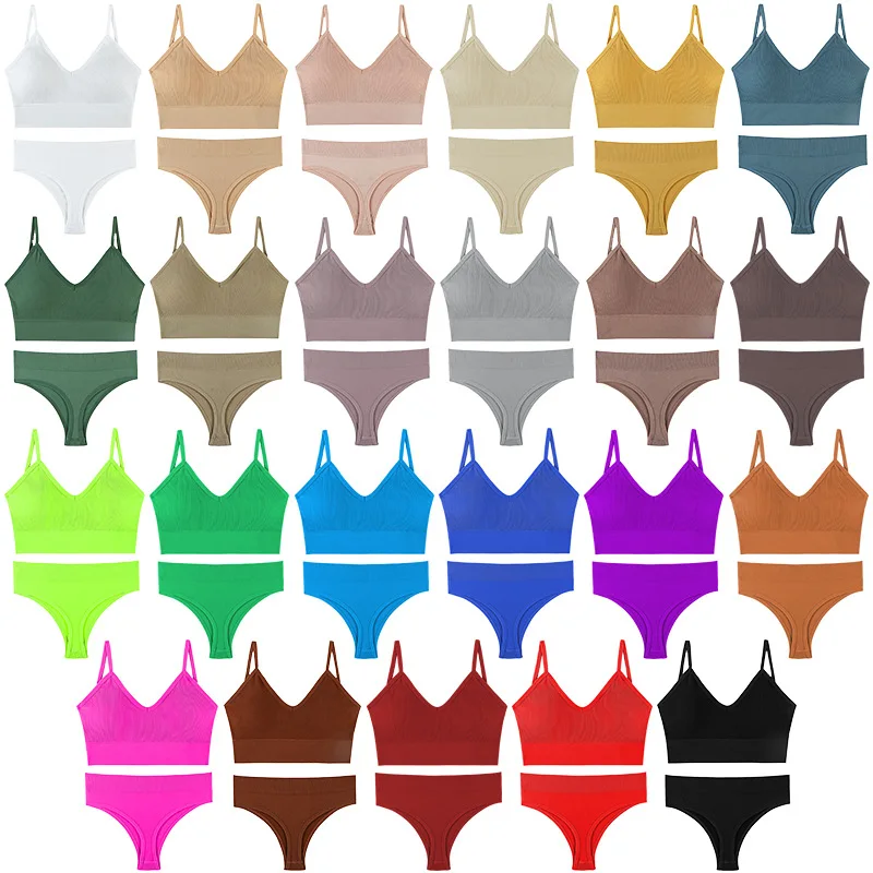 French Backless Push up Underwear Set Women G-String Seamless Bralette Female Lingerie Soft Tank Crop Top Gym Sport Bra Set
