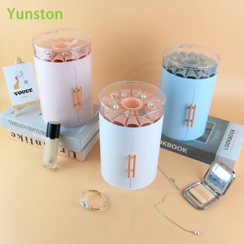 Small Round Multi-Layer Transparent Cylinder Jewelry Storage Box Table Top Organiser with Ring Tray Lid Multifunctional Design
