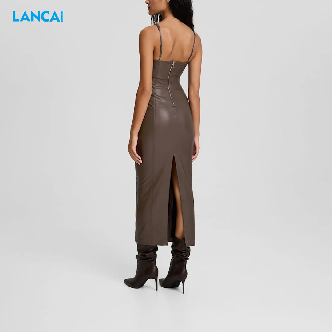 Nieuwe Vrouwen Klassieke Mouwloze Lange Sexy Zwart Pu Lederen Bodycon Club  Jurken Dames Potlood Jurken