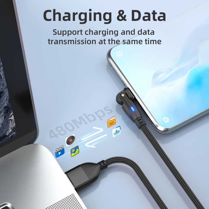 For Samsung for Xiaomi Fast-Charging 180° Rotatable 3A USB Type-C Micro USB-C Cable 180° Right-Angle for Mobile Phones Computers