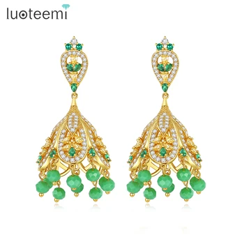 LUOTEEMI Indian Earrings Jhumka Jewelry Handmade Gold Plated Big Traditional Pave Zircon Crystal Diamond Earring