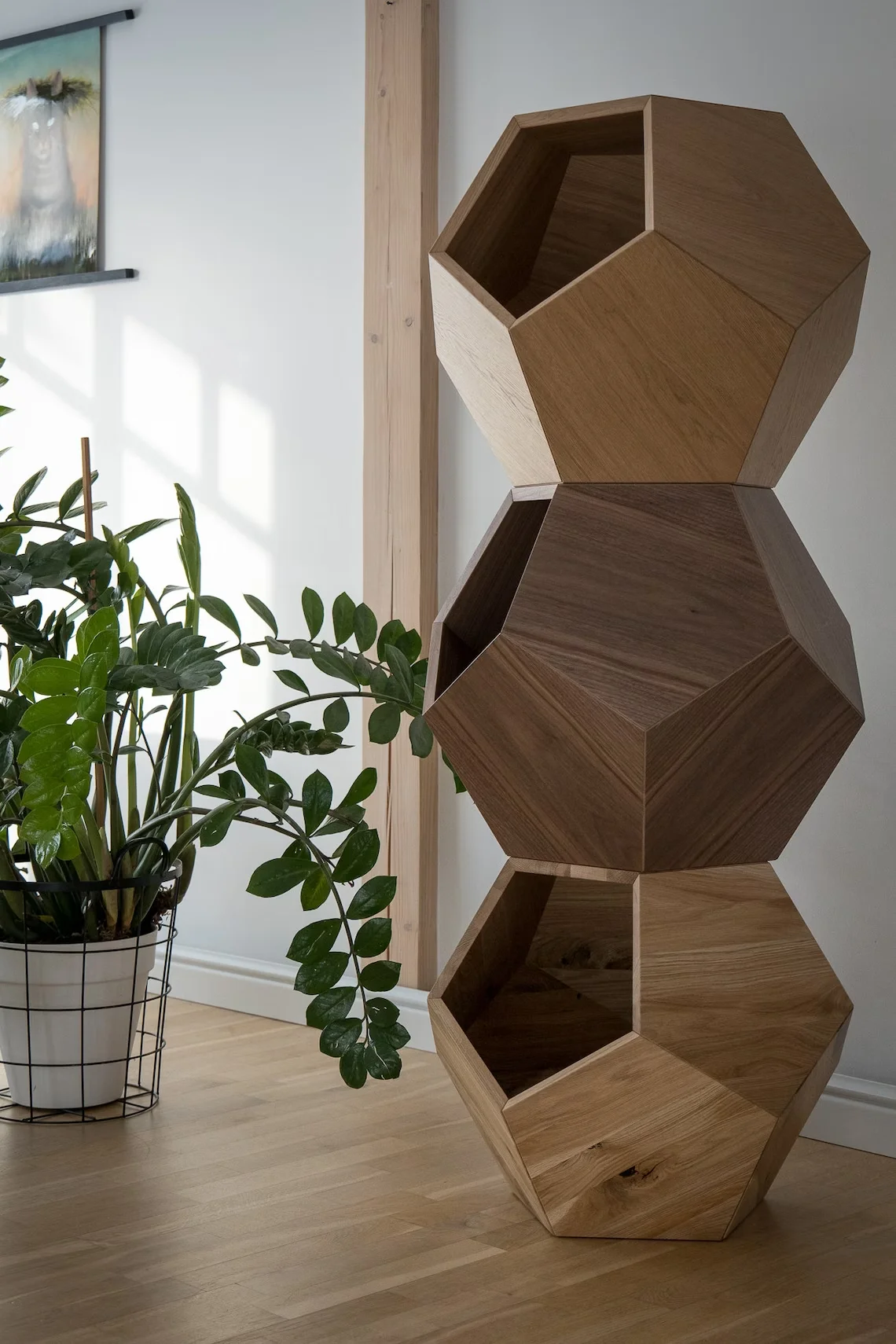 Modern Wood  Walnut Tree Veneered MDF Cat Cave  Bed, Pet Furniture Geometric Side Table