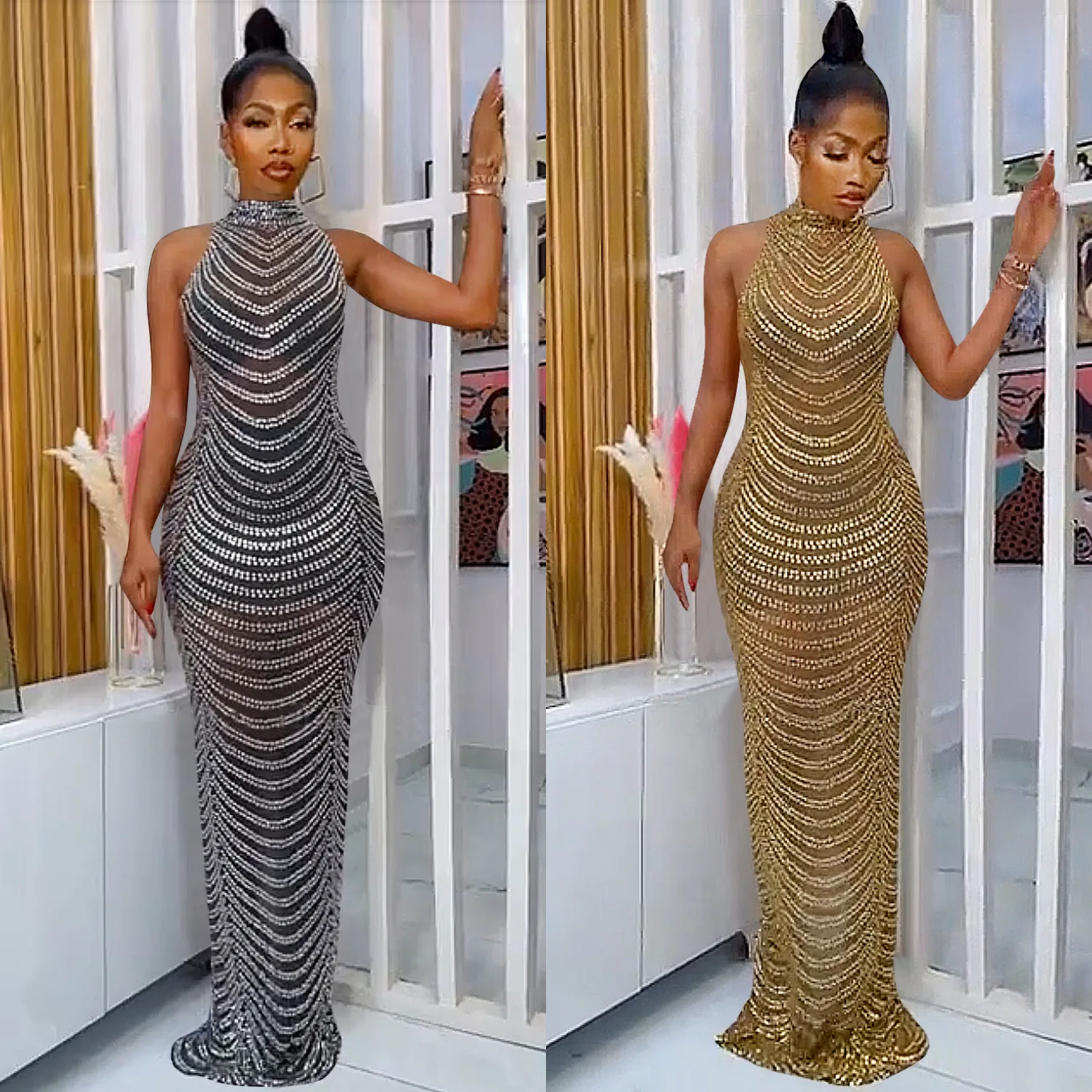 Hot Drilling Striped Women Sexy Solid Mesh Backless Long Evening Dress See Through Rhinestone Haler Vestidos Mujer Party Dress