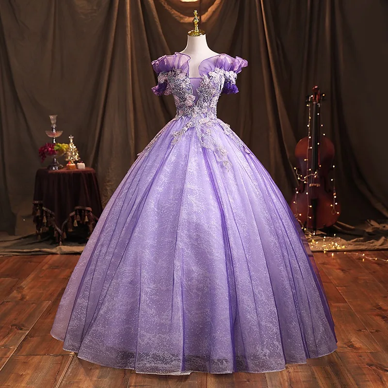 purple dress for birthday PM431,Fluffy Lilac A-Line Long Prom Dresses,Deep V-Neck High Split Eve   prommirror