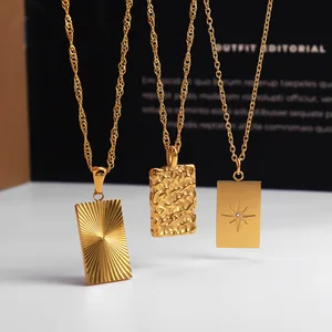 Minimalist Gold Plated Stainless Steel Waterproof Jewelry Geometric Square Pendant Necklace