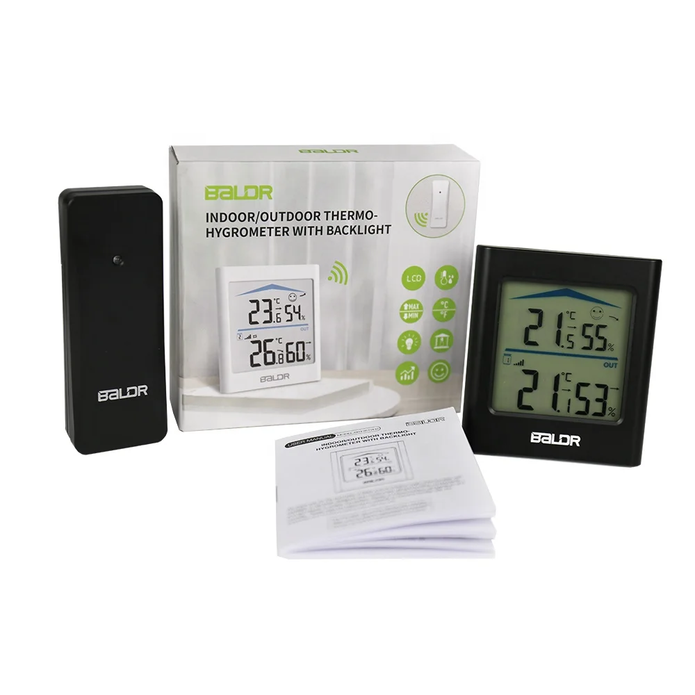 BALDR Indoor Outdoor Thermometer & Hygrometer with White Backlight 