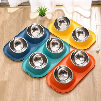 Stainless Steel Anti-Knock Pet Dog Bowl Double Bowl with Slant Mouth Integrated Food Water Solid Pattern Eco-Friendly Cat Bowl