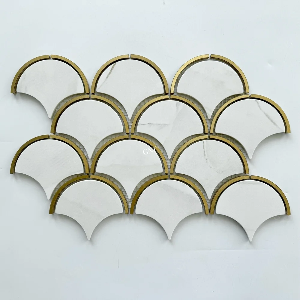 High Quality Popular Gold Fish Scale Shaped Fan Shape Marble Look Recycled Glass Mosaic Wall Decoration Tile Metal