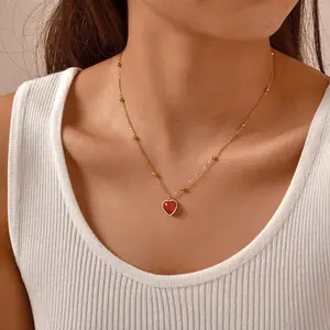 Exquisite Jewelry Red Resin Heart Shaped Pendant Clavicle Chain Necklace Stainless Steel Necklaces for Women