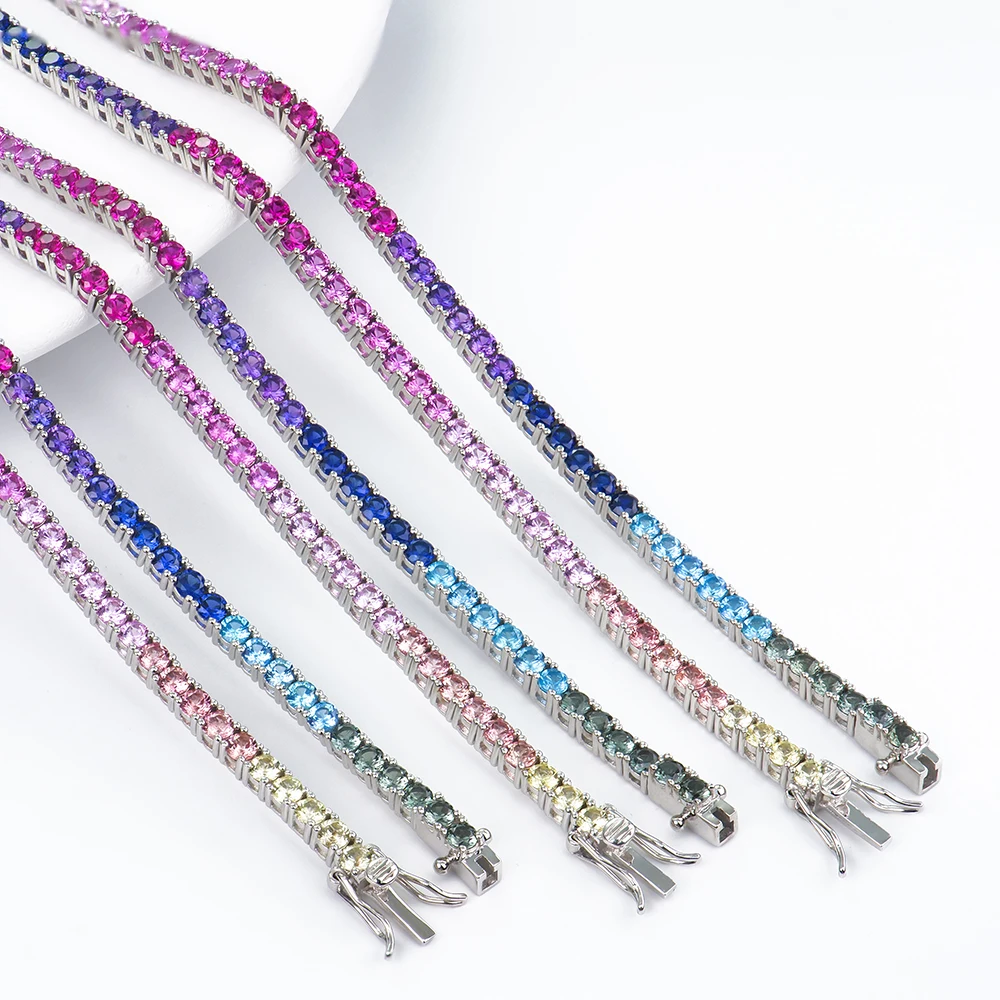 High Quality New Style Shiny Diamond 3mm Rainbow Color Corundum Sterling Silver Tennis Moissanite Bracelet Fashion Jewelry