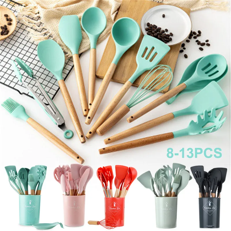 Silicone Cooking Kitchen Utensil Set 12 Pcs Cooking Utensils Set Wooden Handle BPA Free Non Toxic Silicone Turner Tongs