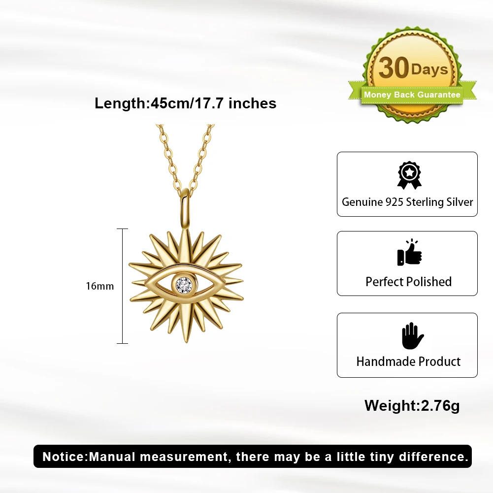 Lykian Sunburst & Solar Eye Necklace – 18K Gold Plated 925 Sterling Silver Evil Eye Protection Pendant With Chain